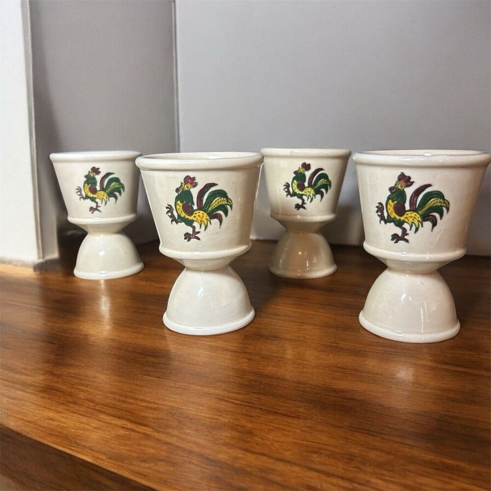 Cream Ceramic Egg Cup Set with Green Rooster Accent - 4 Pack